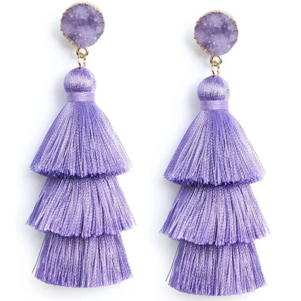 14K Yellow Gold with Lavender Silk Thread Tassel and Quartz Druzy Post Earrings